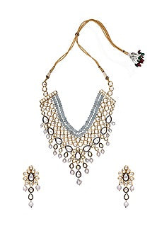 Gold Finish Agate Bead & Pearl Necklace Set