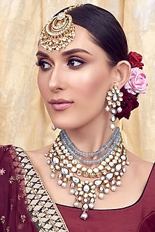 Gold Finish Agate Bead & Pearl Necklace Set