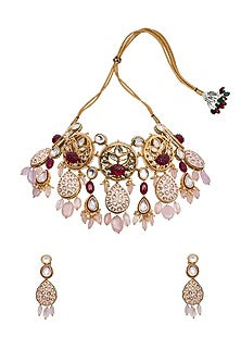 Gold Finish Meenakari Rose Quartz Necklace Set