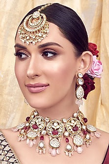 Gold Finish Meenakari Rose Quartz Necklace Set