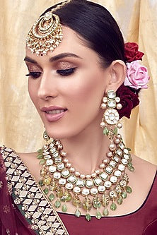 Gold Finish Green Fluoride Kundan Necklace Set