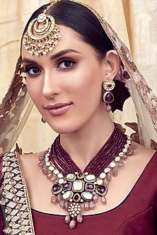 Gold Finish Pink Jade & Red Agate Necklace Set