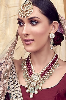 Gold Finish Red Onyx Kundan Necklace Set