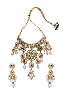 Gold Finish Green & Red Onyx Necklace Set