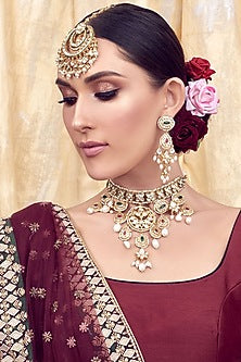 Gold Finish Green & Red Onyx Necklace Set