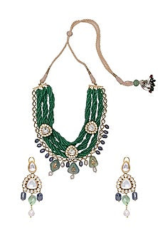 Gold Finish Green & Blue Stones Necklace Set