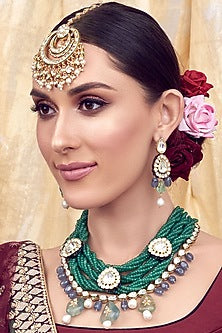 Gold Finish Green & Blue Stones Necklace Set