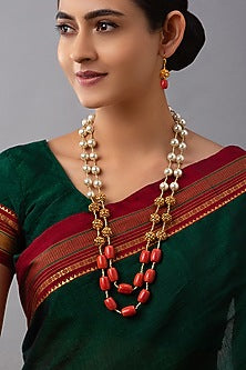 Gold Finish Coral Beads Necklace Set