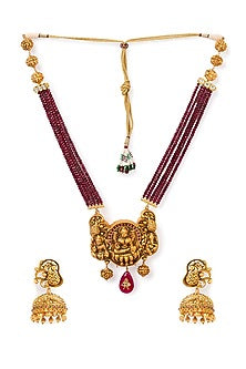 Gold Finish Red Agate Kundan Necklace Set