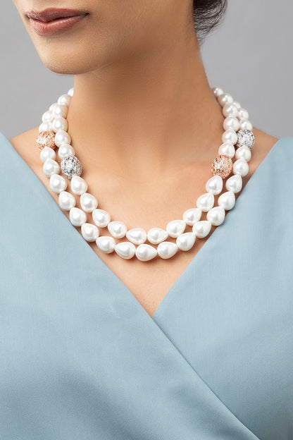 White Finish Shell Pearls & Swarovski Necklace