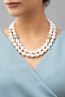 White Finish Shell Pearls & Swarovski Necklace