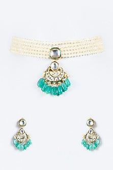Gold Finish Choker Necklace Set With Agate Beads