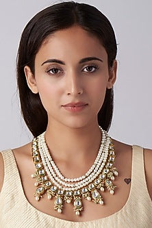 Gold Finish Pearl Long Necklace Set