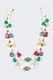 Gold Finish Multi-Colored Agate Beaded Long Necklace Set