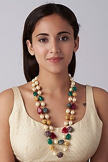 Gold Finish Multi-Colored Agate Beaded Long Necklace Set