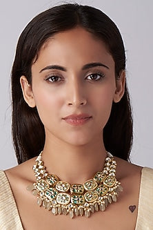 Gold Finish Off-White Agate Beaded Necklace