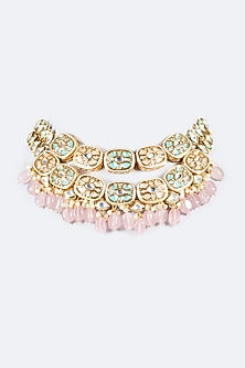 Gold Finish Light Pink Agate Beaded Necklace Set