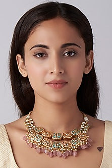 Gold Finish Light Pink Agate Beaded Necklace Set