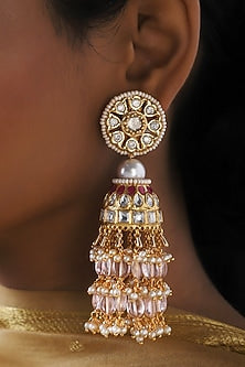 Gold Finish Shell Pearl Dangler Earrings In Brass