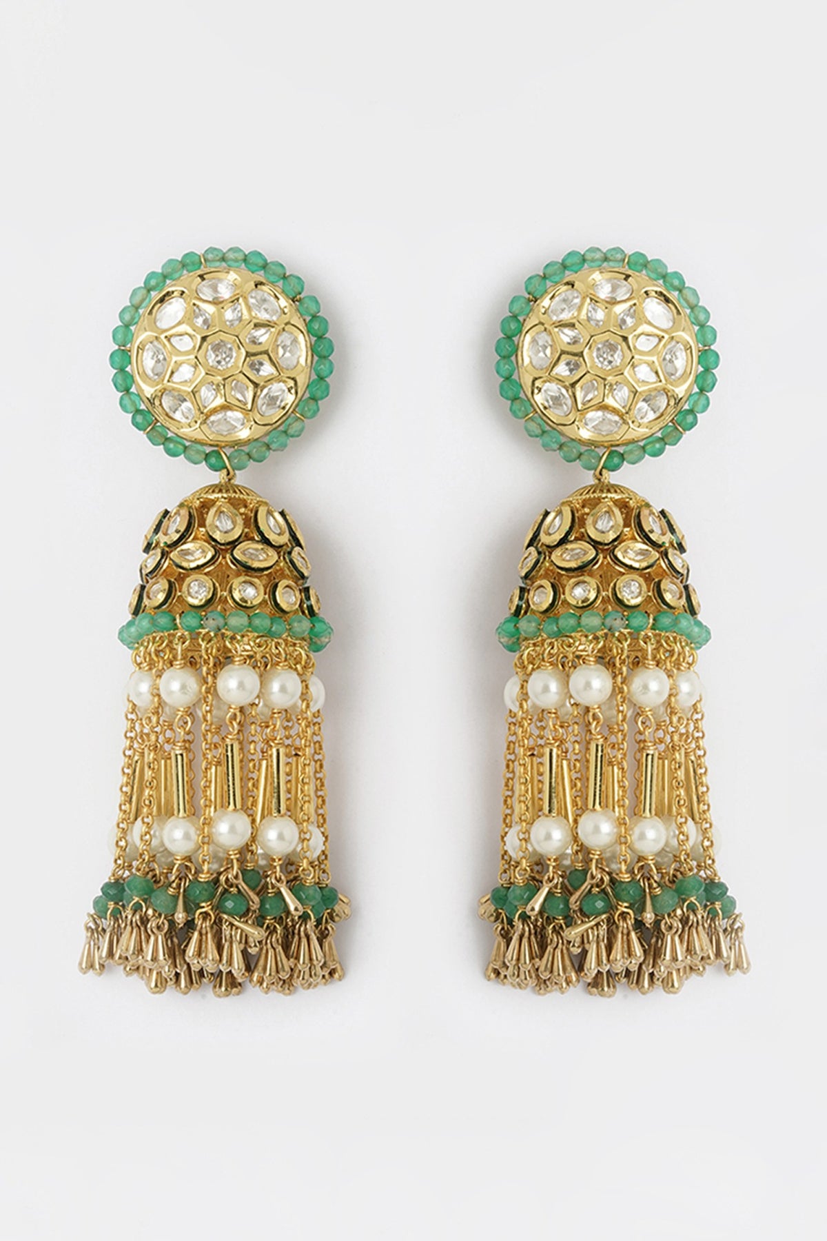 Gold Finish Green Agate Beads Jhumka Earrings