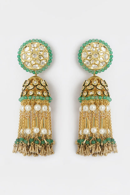 Gold Finish Green Agate Beads Jhumka Earrings