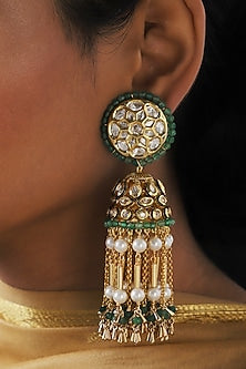 Gold Finish Green Agate Beads Jhumka Earrings
