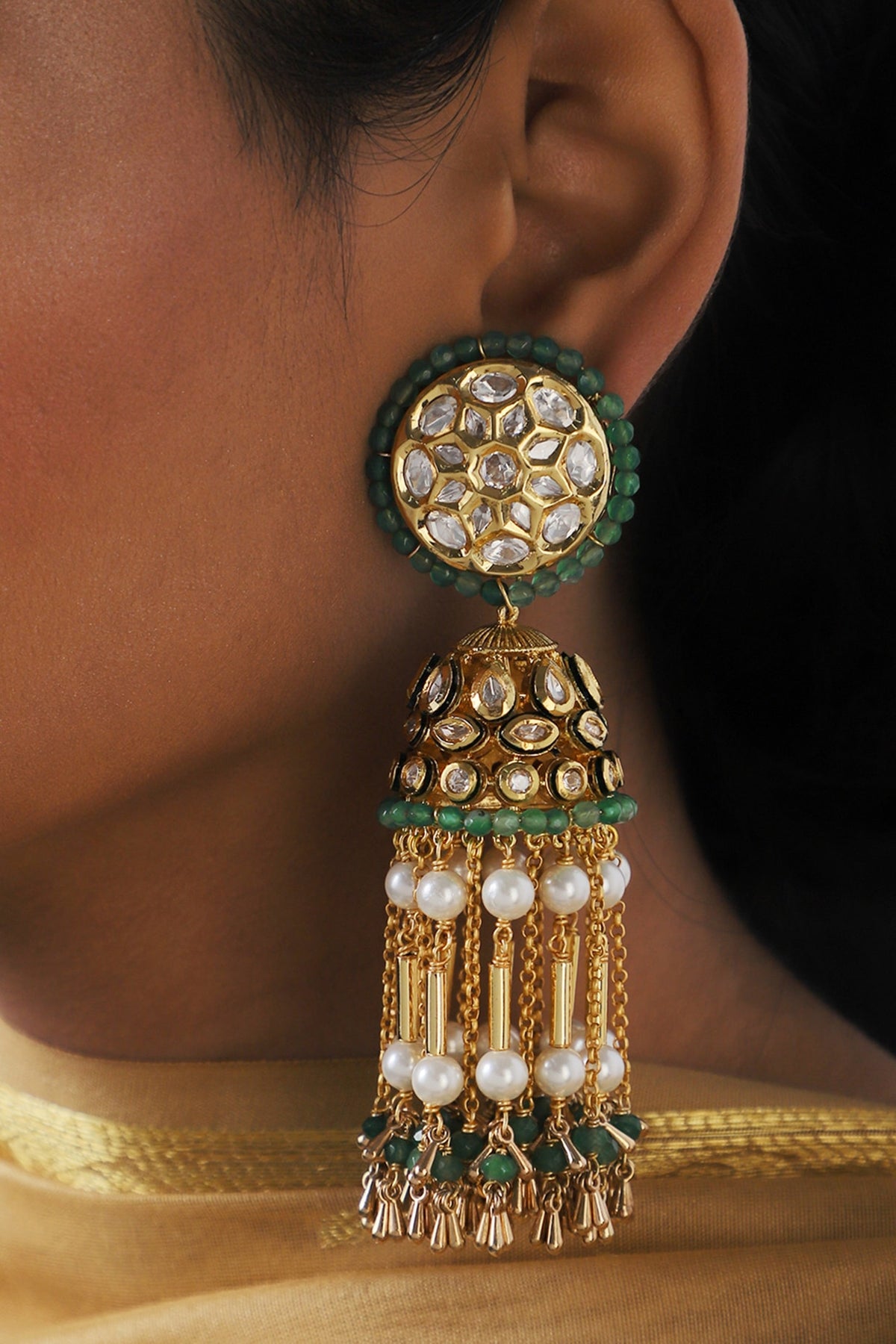 Gold Finish Green Agate Beads Jhumka Earrings