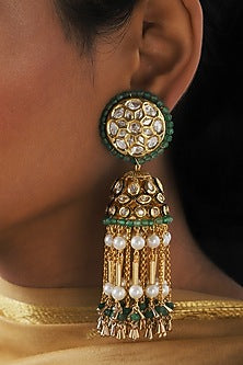 Gold Finish Green Agate Beads Jhumka Earrings