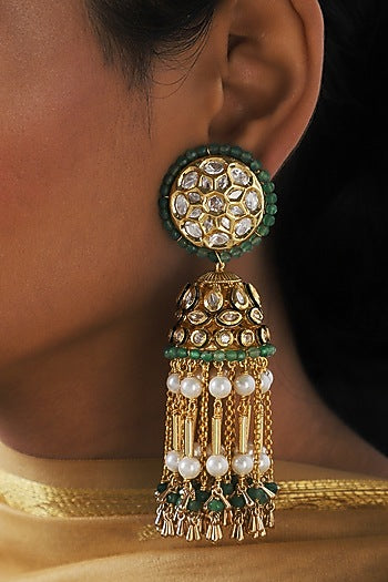 Gold Finish Green Agate Beads Jhumka Earrings