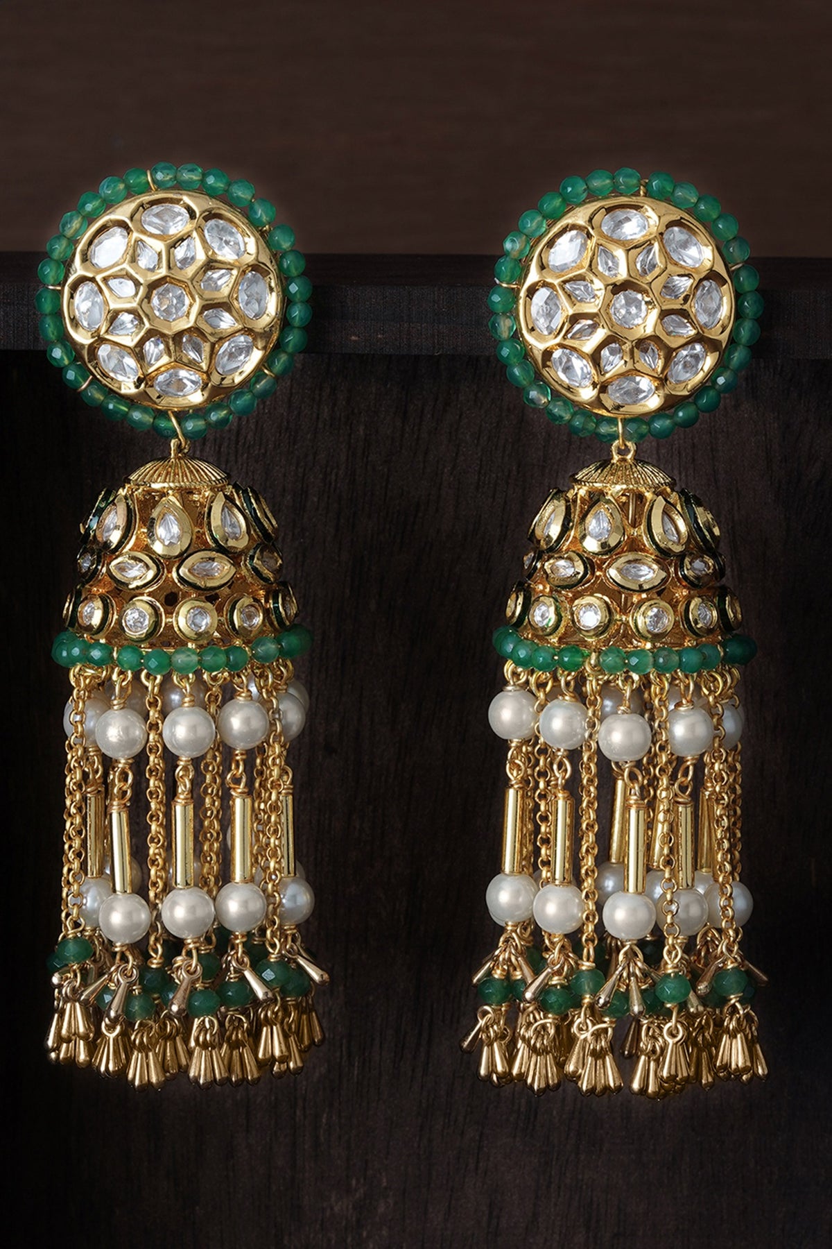Gold Finish Green Agate Beads Jhumka Earrings