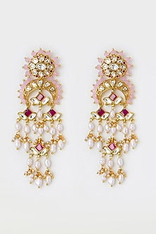 Gold Finish Pink Jade Beads Chandbali Earrings