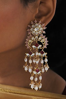 Gold Finish Pink Jade Beads Chandbali Earrings