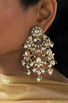 Gold Finish Green Onyx Beads Dangler Earrings