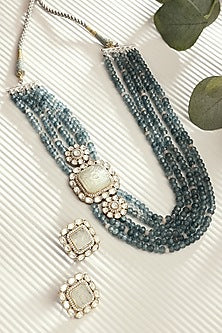 Gold Finish Blue & Grey Agate Stone Necklace Set