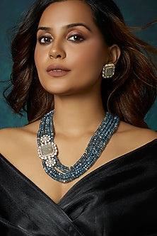 Gold Finish Blue & Grey Agate Stone Necklace Set