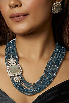 Gold Finish Blue & Grey Agate Stone Necklace Set
