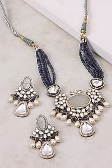 Gold Finish Blue Agate Stone & Kundan Polki Necklace Set