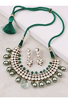 Gold Finish Green Agate Stone & Kundan Polki Choker Necklace Set
