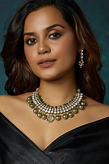 Gold Finish Green Agate Stone & Kundan Polki Choker Necklace Set