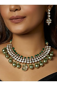 Gold Finish Green Agate Stone & Kundan Polki Choker Necklace Set