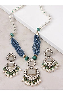 White Finish Grey Agate Stone & Kundan Polki Long Necklace Set