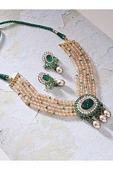 Gold Finish Green Agate Stone & Kundan Polki Beaded Necklace Set