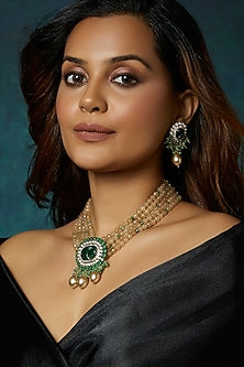 Gold Finish Green Agate Stone & Kundan Polki Beaded Necklace Set