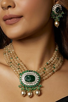 Gold Finish Green Agate Stone & Kundan Polki Beaded Necklace Set