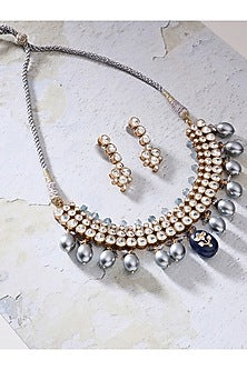 Gold Finish Kundan Polki & Blue Onyx Tumble Choker Necklace Set