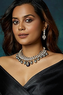 Gold Finish Kundan Polki & Blue Onyx Tumble Choker Necklace Set