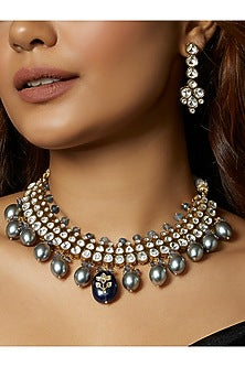 Gold Finish Kundan Polki & Blue Onyx Tumble Choker Necklace Set