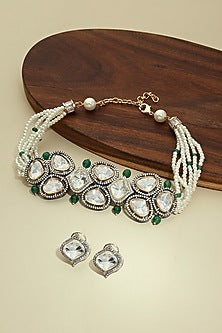 White Finish Green Agate & Kundan Polki Choker Necklace Set