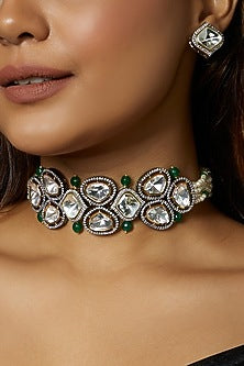 White Finish Green Agate & Kundan Polki Choker Necklace Set