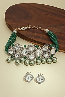 White Finish Green Agate & Kundan Polki Choker Necklace Set
